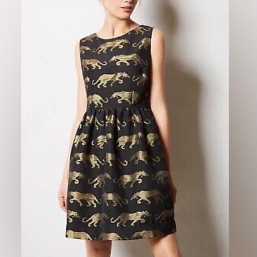 Anthropologie‎ Eyedoll Panthere Black Gold Sleeveless Mini Dress Size 2 Metallic